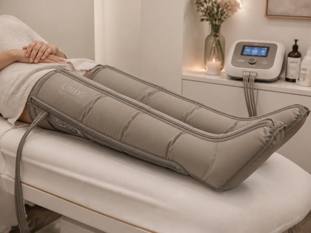 Aplicação de pressoterapia com botas de compressão sequencial