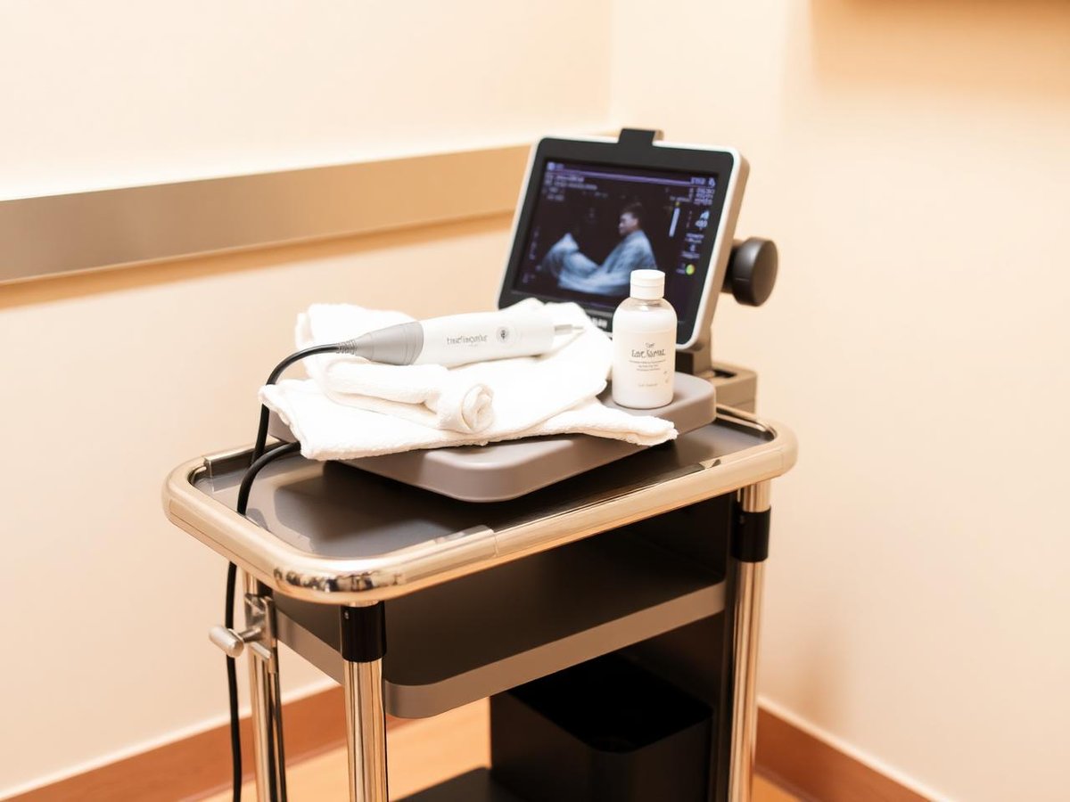 Equipamento de ultrassom terapêutico em sala clínica