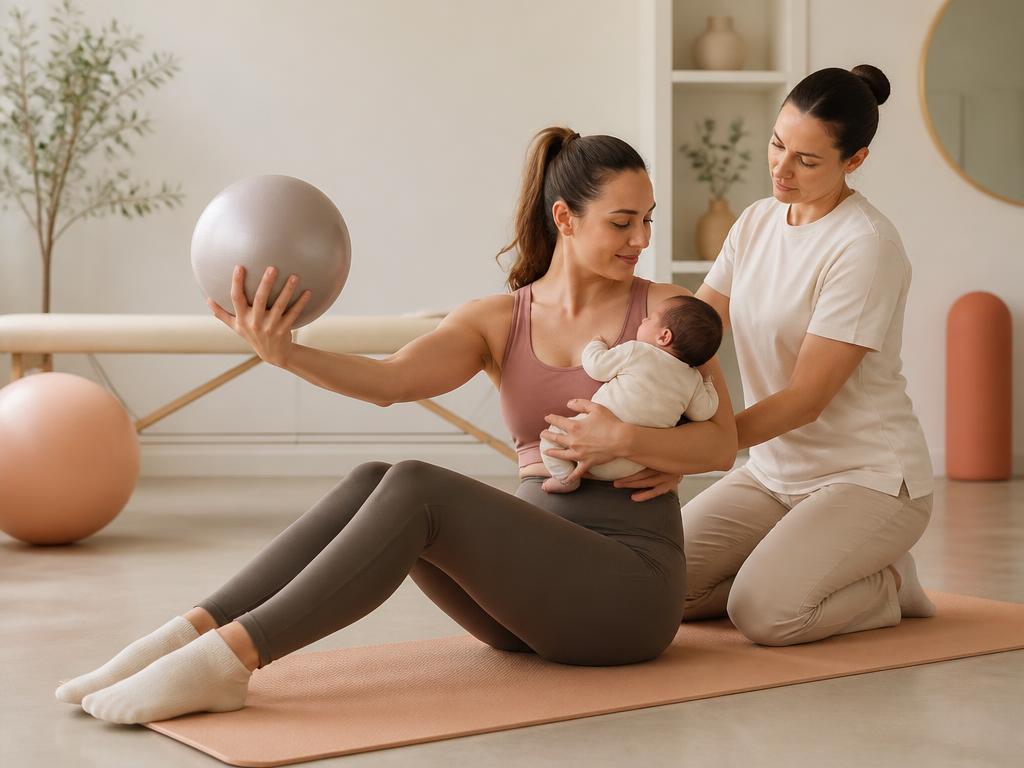 Mãe com bebé ao colo a fazer exercício de fisioterapia pós-parto guiado por terapeuta
